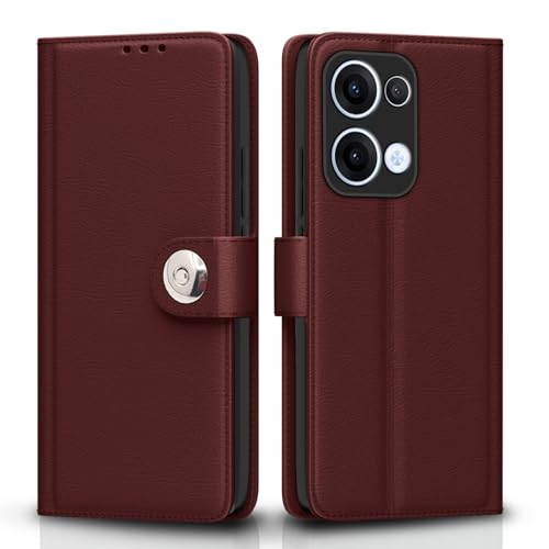 Image of Pikkme Flip Cover Leather Finish | Inside TPU with Card Pockets | Wallet Stand and Shock Proof | Complete Protection Button Flip Case for Oppo Reno 13 5G(Brown)
