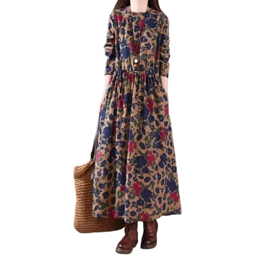 Women's Cotton and Linen Floral Dress Retro Printed Casual Long