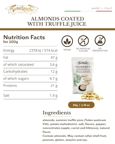 Image of TartufLanghe Truffle Almonds - Lightly Salted, Roasted Nuts Coated with Natural Black Truffle Juice, for Snacks, Topping Salads, and Appetizers - 1.76 oz