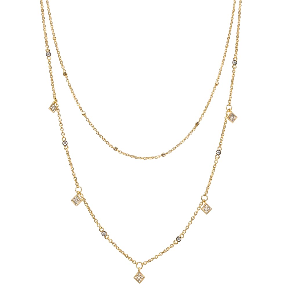 Générique Collier Femme Multi-Rang Plaqué Or 18 Carats - Collier Double Rang 38cm et 45cm avec Pendentifs Oxydes de Zirconium - Bijou ajustable +5cm Poinçonné Qualité Luxe - Cadeau Anniversaire Noël