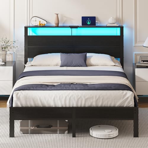 Image of Queen Size Bed Frame with LED Lights and Charging Station Headboard | Black Metal Platform Bed, Storage Shelf, USB+Type C, Noise Free, No Box Spring Needed, Easy Assembly