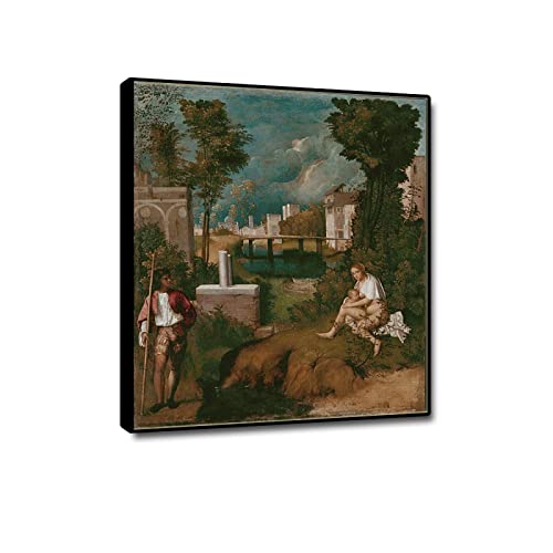 GEILEX Tempesta di Giorgione Riproduzione di famosi dipinti ad olio. Stampe su tela rinascimentali Opere d'arte. Quadri su tela per decorazioni per la casa Immagini 70x85 cm (27,6x33,4) Cornice nera