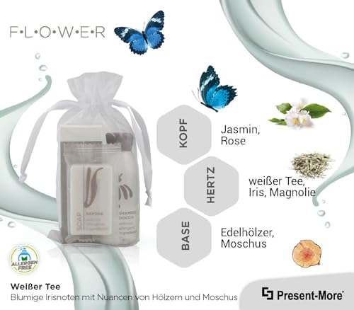 Present-More Amenities Kit Flower - Prestige Kit Toilettenartikel 100 Gäste für Hotels und B&B | Allergenfreie Amenities Kit mit Duftnoten von weißer Tee