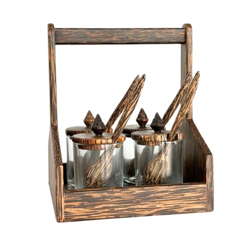 UNCLEJUM Asian Dinnerware Condiment Set, Palmwood Condiment Holder, Thai Kitchen Seasoning Storage Set, 4 Condiment Jar, and 4 Small Spoons