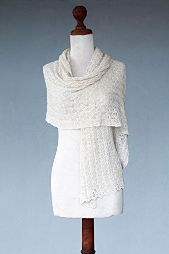 NOVICA Artisan Handmade Alpaca Blend Shawl Pure Wool from Peru White Accessories Solid [75in L x 21.75in W] 'Muse'2
