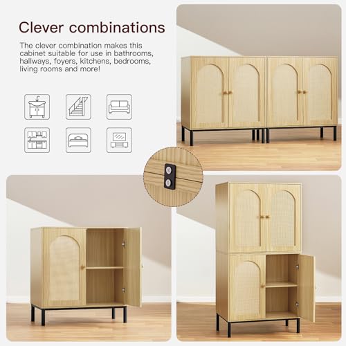 Iwell Buffet Set of 2, Sideboard with Rattan Decor Doors, Storage Cabinet with Metal Feet, Accent for Hallway, Entryway, Living Room, Natural