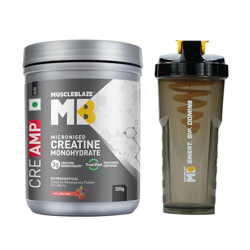 MuscleBlaze Micronised Creatine Monohydrate CreAMP Powder, Juicy Berries (320g) + Cyclone Blender Gym Shaker (700ml)-image-2