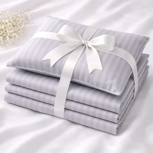 Image of Prozone Premium Satin Stripe Double Bedsheet with 2 Pillow Covers | Soft & Luxury Hotel Style Bedding for Double Bed (Gray)