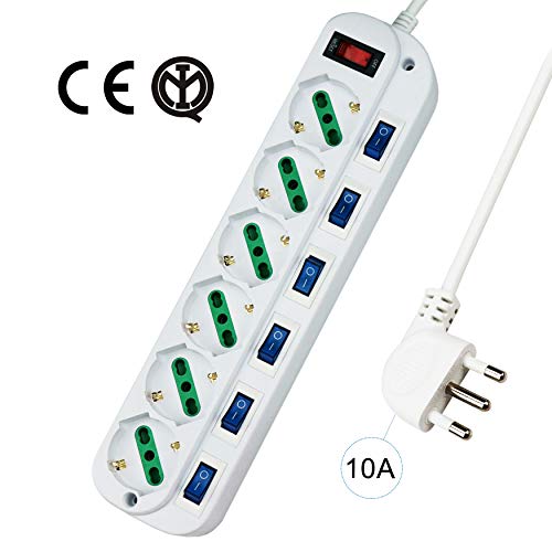 Extrastar Multipresa ciabatta elettrica 6 Posti 10/16A Bipasso Schuko 250V Max:2500W con interruttori indipendenti 1,5MT