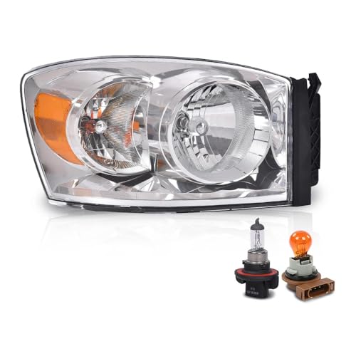 Image of GRAND ORANGE Headlight Assembly w /Bulbs Compatible with Dodge Ram 1500 Truck 2006-2008 /Fit Dodge Ram 2500 3500 Truck 2006-2009 Right Side Clear Lens Chrome Housing Amber Reflector