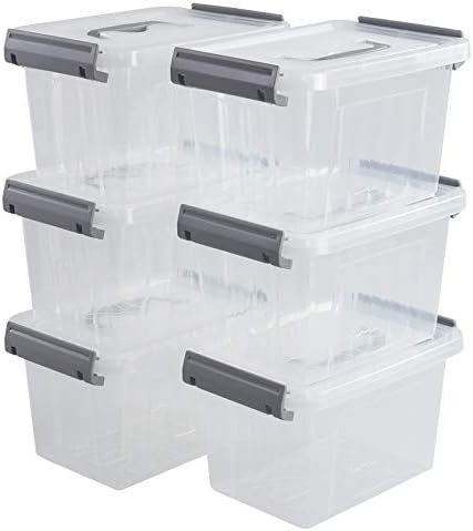 Minekkyes Set of 6 Plastic Storage Boxes, Small Storage Containers Bin with Handles/Lids/Latches, 6 L, f