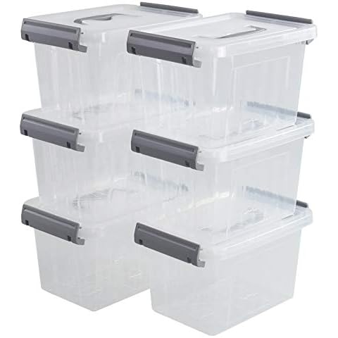 Minekkyes Set of 6 Plastic Storage Boxes, Small Storage Containers Bin with Handles/Lids/Latches, 6 L, f Cover