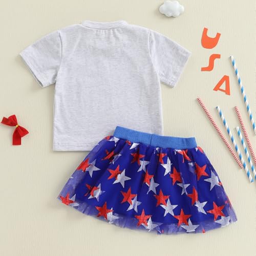 Image of Kayotuas Toddler Baby Girl 4th of July Outfit American Flag Shirt Red Blue Stars Tulle Tutu Skirts Kids Fourth of July Dress
