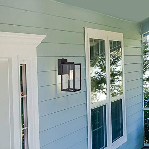 Image of MICSIU Dusk to Dawn Slim 5 inch Matte Black 11.25 inch Wall Sconce 2 Pack Farmhouse | Exterior Wall Mount Lantern with Clear Glass, Outside Porch Lights for Narrow Side Door, Single Garage, Slim Porch Columns