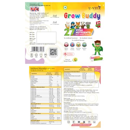 Image of U-VITA Grow Buddy Multivitamin Gummies for Kids (2+ Years), Mango, 30ct