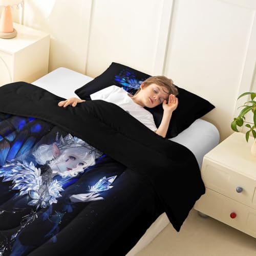Image of Erosebridal Gothic Girls Comforter Set for Kids Boys Girls A Girl Wearing A Crown Bedding Butterfly Diamond Feather Print Duvet Set Coquette Princess Comforter Twin with 1 Pillowcase