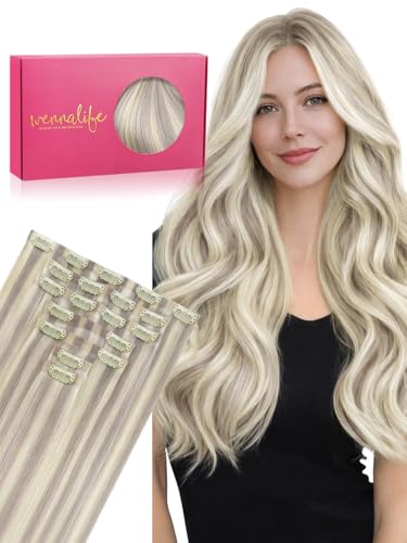 WENNALIFE Seamless Clip in Hair Extensions Real Human Hair, 16 Inch 110g Ash Blonde Highlighted Platinum Blonde Invisible PU Skin Weft, Natural Thick Real Hair Clip Ins for Women, Soft Remy Hair