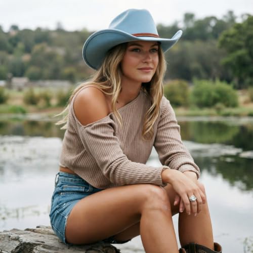 Image of DRESHOW Cowboy Hat for Women and Men Wide Brim Western Cowboy Cowgirl Hat with Belt Buckle Unisex Rolled up Caps