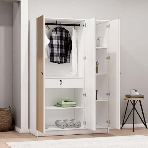 Image of Bniture Luxe 3 Door Wardrobe for Bedroom with Lockable Drawer & Hanging Space | Almirah for Clothes with Vertical Slatted Panels, Spacious Storage Cupboard with 7 Shelves | Frosty White & Giant Wood