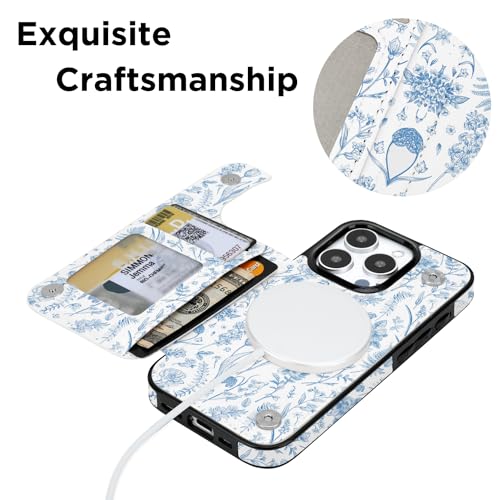 Image of uCOLOR for iPhone 13 Pro Wallet Case Magsafe with Card Holder Slot【Compatible with MagSafe】 Folio Flip PU Leather Double Magnetic RFID Design 6.1 inch (Blue Toile Flowers)