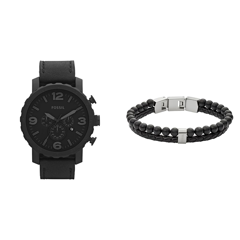 Fossil Hombre Nate Negro Cuero Reloj y Townsman Piedras Semipreciosas Acero Inoxidable Pulsera, Set