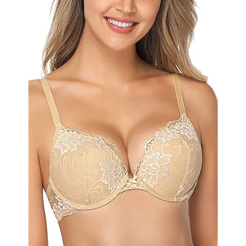 Wingslove Women's Push Up Bra Lace Comfort Padded Bra Add 1 Cup Brassiere Plunge Underwire Bra Lift Up Bras (Nude, 34D) Cover