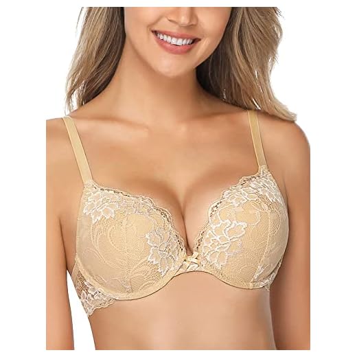 Wingslove Damen Push Up BH mit floraler Spitze gepolsterter Bügel BH Komfort BH, Nude, 34A / 75A