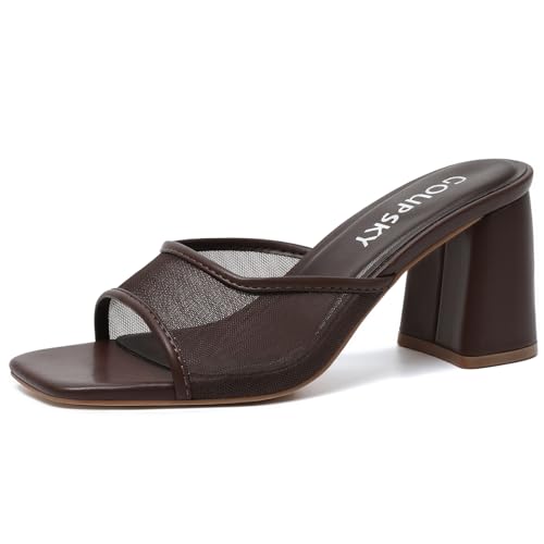GOUPSKY Brown Chunky Mule Heels for Women Slip On Square Open Toe Mesh Sandals Summer Dressy Block Heeled Shoes for Vacation Party Wedding by GOUPSKY - Used condition - US$37.99
