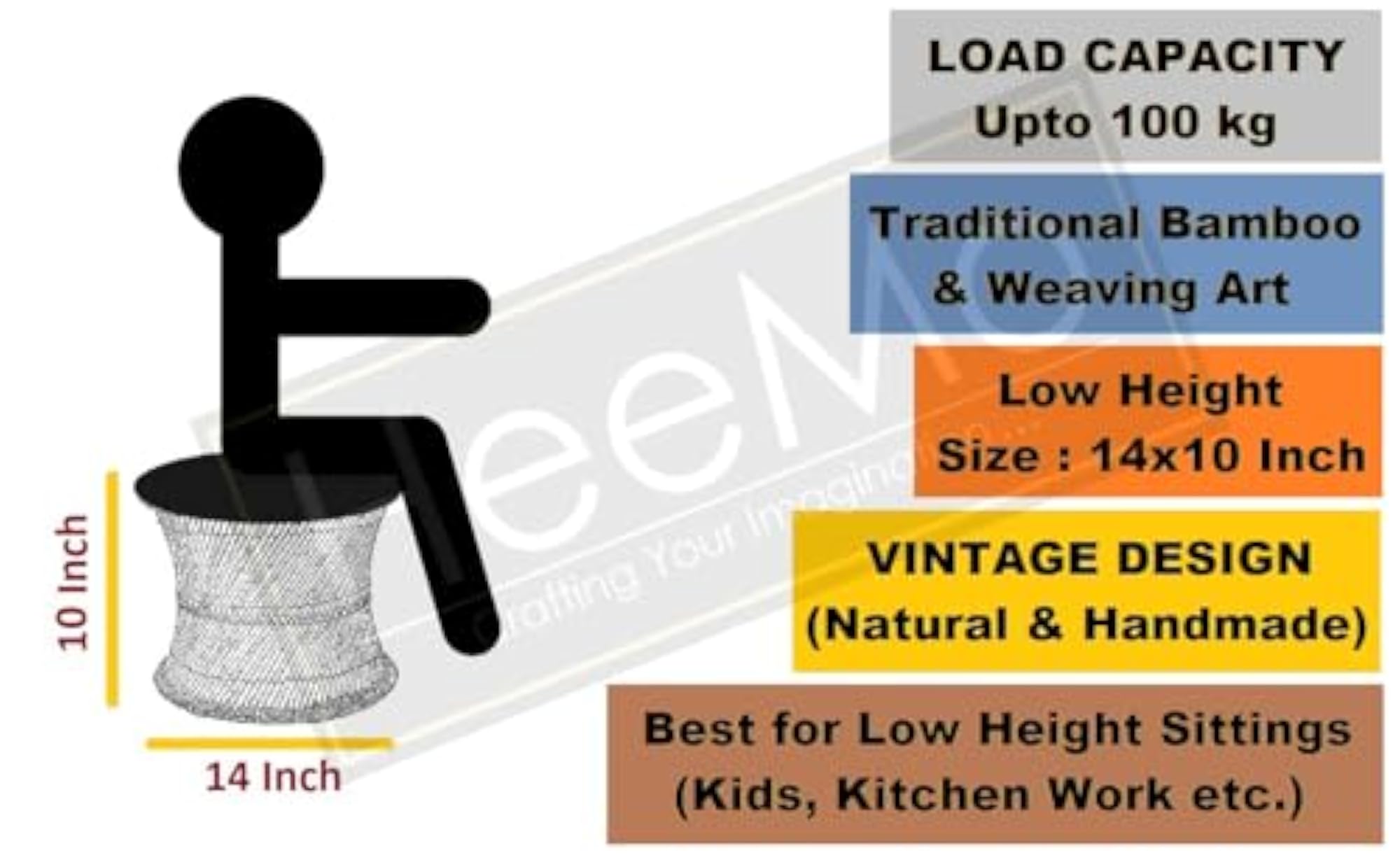 Small Rajasthani Handmade Cane Wood Mudda for Living Room