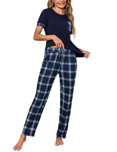 Litherday Schlafanzug Damen Baumwolle Pyjamas Set Kurzarm Nachtwäsche Set Zweiteiliger mit Lang Pyjamahose und Shirt Casual Elastischer Bund...