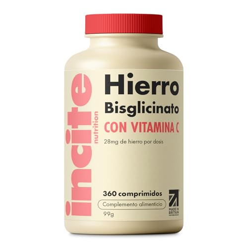 Incite Nutrition Tabletas de Hierro de 28 mg. Suministro para 6 Meses de Bisglicinato de Hierro de Alta Potencia. Tabletas Energizantes Fáciles de Tragar. Aptas para Vegetarianos y Veganos.