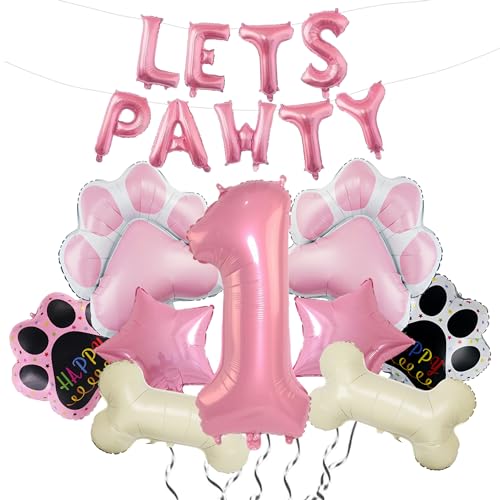 1st Dog Balloons 18pcs Lets Pawty Balloons Dog Paw Decor Pink 32 inch Pink Number Balloons Mylar Foil Balloons for Lets Pawty Birthday Decorations Dog 1st Birthday Party Supplies