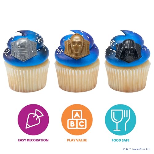 STAR WARS Cupcake Rings, 24 Cupcake Toppers Featuring Darth Vader, C-3PO, And R2-D2, 3D Food Safe Cake Toppers by DecoPac– 24 Pack by DecoPac - Image 2