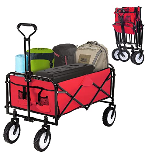 Folding Beach Grocery Wagon Garden Cart with 4 Universal Wheel for Shopping Park Picnic, Beach Trip, Outdoor Activities, Camping, Collapsible (Red)