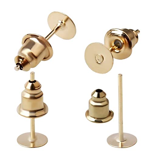 200 Pcs Earring Posts And Backs, Hypoallergenic Stainless Steel Earrings Posts Flat Pad Blank Earring Studs With Bullet Earring Backs For Jewelry Making Findings (Gold) #TOP1