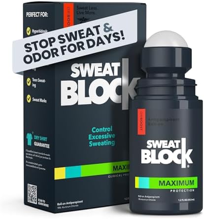 SweatBlock Maximum Strength Roll-On Antiperspirant for Men and Women 1.2 FL OZ Hyperhidrosis and Odor Control Formula Blocks Excessive Sweat for Days Per Application Dermatologist Recommended Solution