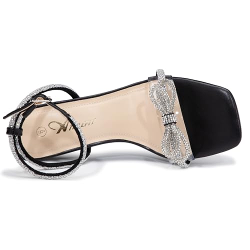 Athlefit Black Rhinestone Bow Heels for Women Open Square Toe Low Heels Ankle Strap Dressy Block Heeled Sandals Size 8.5 by Athlefit - Used condition - Image 5