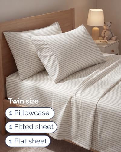 Image of Twin 4 Piece Bed Sheet Set - Breathable & Cooling Sheets - Beige Stripes | Ultra Soft Hotel Luxury Bedding Set with 8-16 Inch Deep Pockets, 1 Flat & 1 Fitted Sheet & 2 Pillowcases, Wrinkle & Fade Free