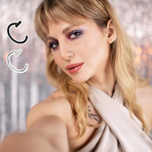 Fake Lip Ring, 12 Pcs Stainless Steel Fake Lip Piercing 8mm Faux Nose Rings Clip On Nose Ring Ear Cuffs Non Piercing Jewelry for Women Men (Silver, Black)4