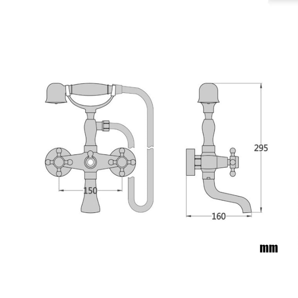 Grifo De Bañera Latón Dos Mandos Grifo De Ducha Con Ducha De Mano Retro Antique Estilo Montaje En Pared Mezclador De Baño Y Ducha, 150 Cm Manguera, Cromado