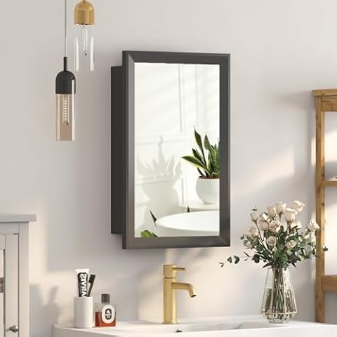Mepplzian Medicine Cabinet Mirror,Black Medicine Cabinet with Mirror,Bathroom Medicine Cabinets with Mirror Surface Mount,Wooden Mirror Medicine Cabinet with Storage,17X27Inch Cover