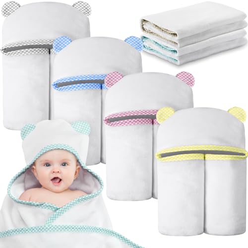 Image of Oudain 6 Pieces Hooded Baby Towels Baby Bath Towel with Ears Hooded Soft Absorbent Coral Fleece Newborn Towels 30 x 30 Inch Infant Towels Toddler Bath Blanket Towels Supplies