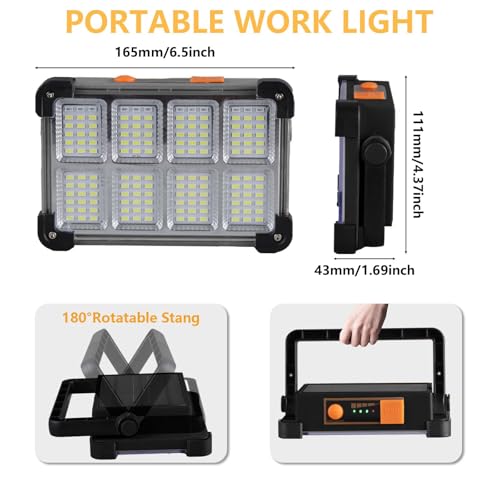 Image of 120W Solar Rechargeable Work Light, 144 LED Portable Flood Light with Stand, IP66 Waterproof 4 Modes LED Job Site Lighting Flashlights for Mechanic Camping Fishing Car Repair(Black 1 Pack)