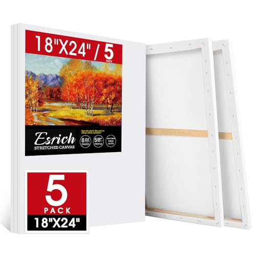ESRICH Stretched Canvas for Painting 18x24 Inch, 5Pack Large Canvas for Painting, Primed Acid-Free Cotton Blank Canvases, Art Paint Canvases for Oil Paint,Watercolor,Acrylic Paint,Gouache and Tempera.