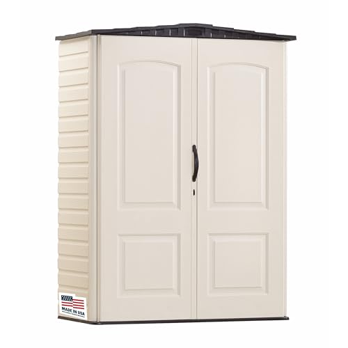 Rubbermaid Small Vertical Resin Outdoor Storage Shed With Floor (2.3 x 4.6 Ft), Weather Resistant, Beige/Brown, Organization for Home/Backyard/Pool Chemicals/Toys/Garden Tools/Porch/Patio Cushions