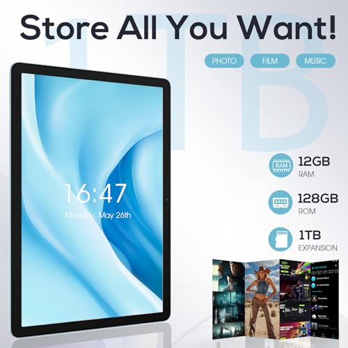 Image of DigiLand Android Tablet, 10.1 inch Android 14 Tablets with G80 Octa-Core, 12GB RAM (4GB+8GB Expansion) +128GB ROM Storage, 6000mAh Battery, Dual Camera, IPS HD Touchscreen, BT 5.0 - Blue