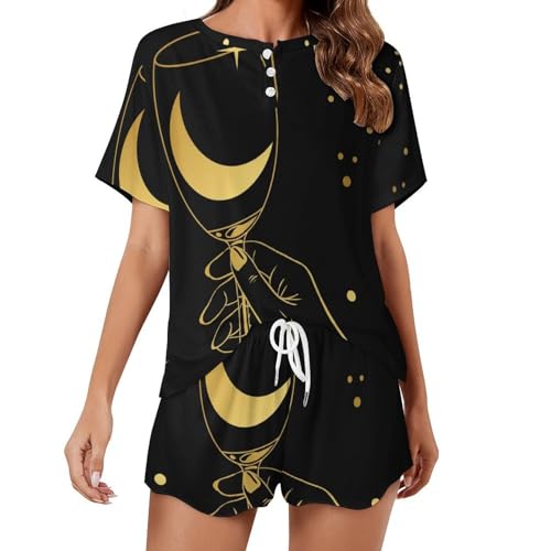Ensemble de pyjama femme manches courtes Gobelet Lune Dorée vêtement de nuit léger d'été