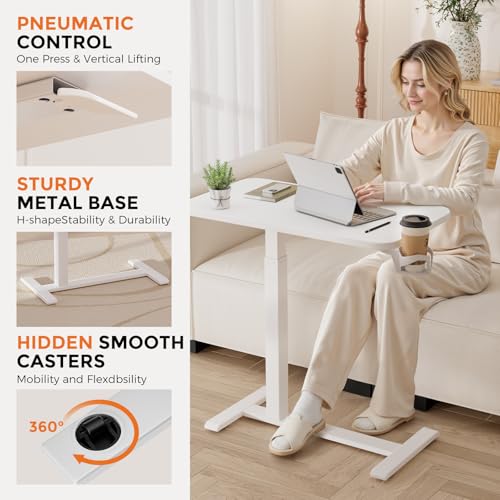 COMHOMA Adjustable Overbed Bedside Table with Wheels, Pneumatic Mobile Rolling Laptop Desk, Height Adjustable Standing Desk Bed Table for Hospital and Home Use (28\" W x 16\" D, White)