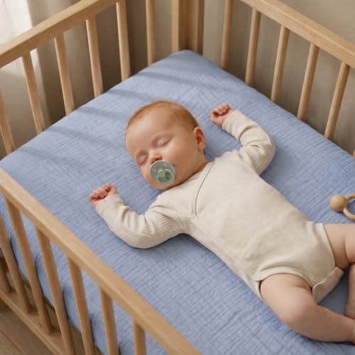 Image of Crib Sheets - Organic Cotton Muslin Fitted Crib Sheet - Standard Size for Baby Boy 28 inch x 52 inch Ultra-Soft and Breathable (Baby Blue)