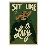 Vintage Art Painting Pictures Female Portrait Wall Art Abstract People Pictures Sit Like a Lady – Bold Feminist Pictures 16x24inch Unframed Empowering Female Green Inspirational Prints for Ladies Room